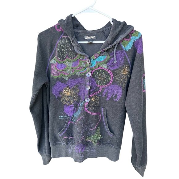 Lucky Brand Tops - Vintage Y2K Lucky Fairy Grunge Hoodie Size S Butterfly Hummingbird Flowers Boho